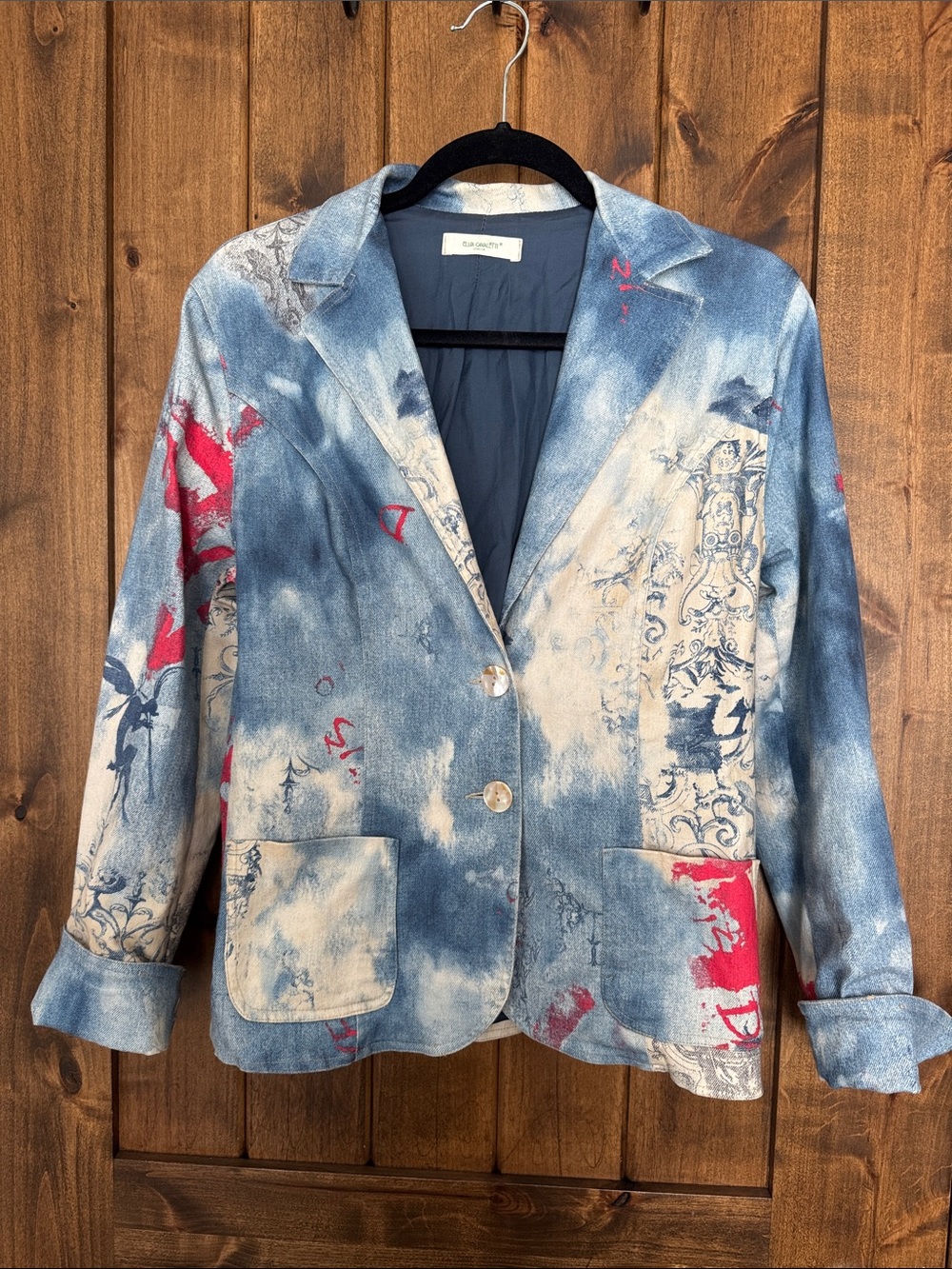 Elisa Cavaletti Blue Tie-Dye Print Blazer with Red Accents